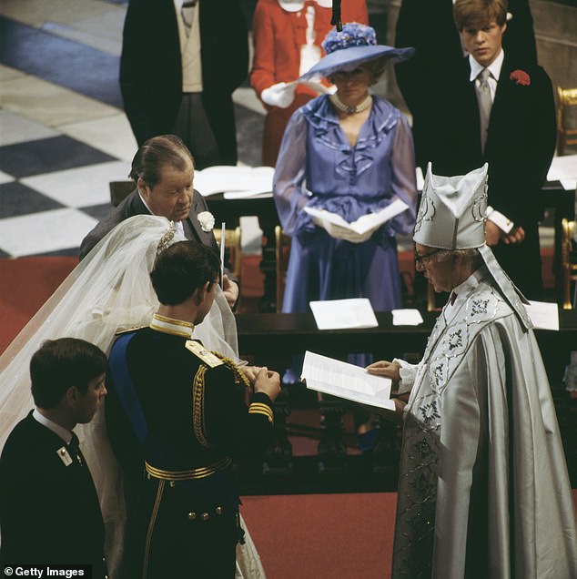 Charles and Diana say their vows as Frances watches on. Diana goes on to claim that her mother drove her 'mad' during her engagement and was left 'hurt' when Frances was not included in preparations for the big day