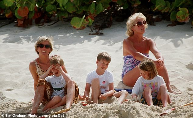 Diana with a young Prince William and Prince Harry with Frances on holiday on Necker Island. Despite her own troubled mother-daughter relationship, by all accounts Frances had a good relationship with her royal grandchildren