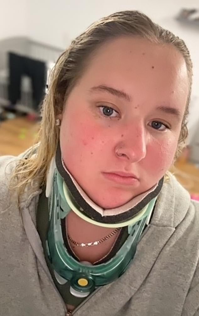 Maisie Moore, 25 (pictured) from south West London, spends every day sequestered to her bed in a brace given her severe neck pain, alongside other symptoms that include high blood pressure, a racing heart and intense feelings of nausea