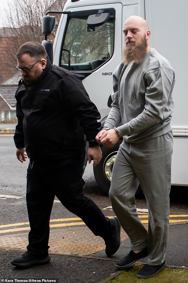 Alexander Dighton, 28, arriving at Merthyr Magistrates Court in February 2025 after being charged with a string of offences including the attempted murder of a police officer