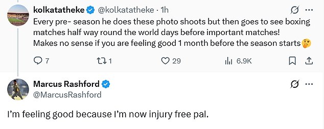 Rashford stood up for himself after the supporter took a swipe at him doing 'photo shoots'