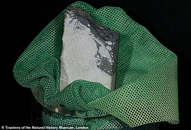 Unlike fictional kryptonite, jadarite at London's Natural History Museum (pictured) is white and powdery, emits no radiation, and comes from Serbia rather than outer space