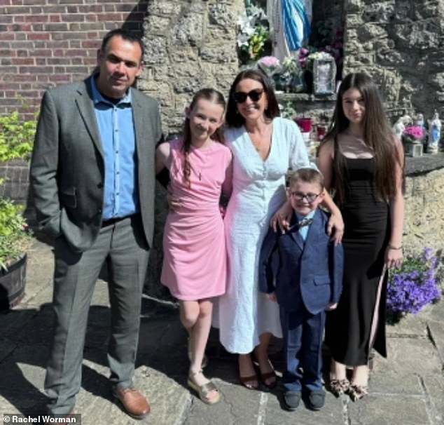 Eddie's family, including his have launched a GoFundMe page to raise money for his ongoing care and to buy a specialised wheelchair before his condition worsens (Pictured L to R: Adrien, 46, Olive, 10, Rachel, 39, Eddie, 8, and Maisie, 13)