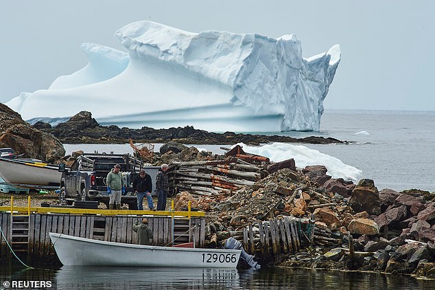 An enormous iceberg is seen grounded in the harbour in Newfoundland, Canada. It was off the coast from here that the black iceberg was spotted