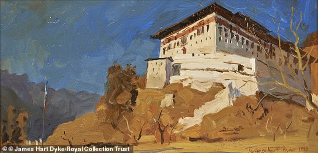 Artist James Hart Dyke's oil painting of Paro Dzong Buddhist monastery in the Himalayas