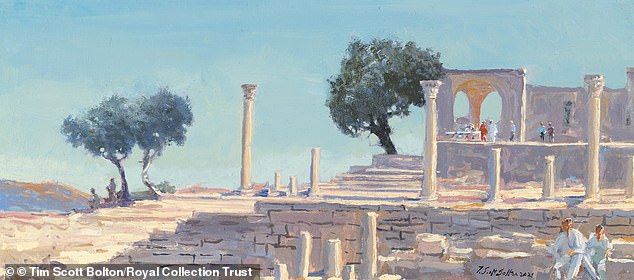 Tim Scott Bolton's painting of the Roman site of Umm Qals in Jordan