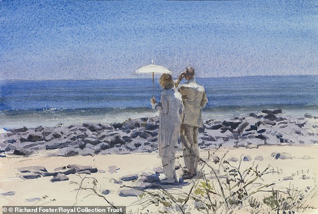 A miscommunication meant artist Richard Foster missed the boat for a royal excursion to the uninhabited North Seymour Island. Fortunately the coastguard got him there in time to paint this watercolour of Charles and Camilla