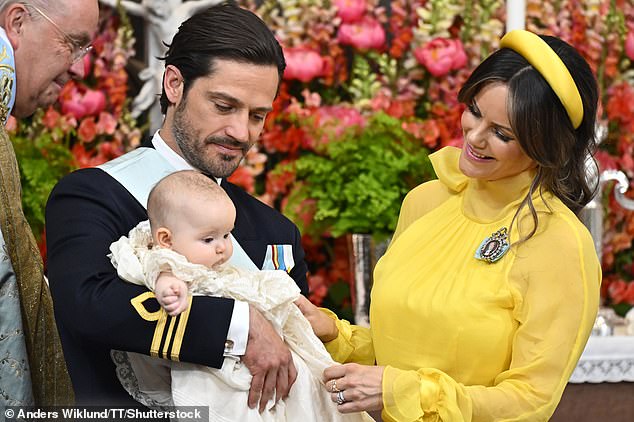 Prince Carl Philip with his daughter Princess Ines and wife Princess Sofia during the ceremony