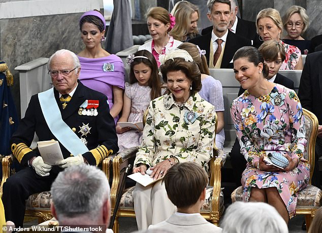 Among the glamorous guests were Carl Philip's parents, King Carl XVI Gustaf and Queen Silvia (pictured centre) and Crown Princess Victoria (pictured right)