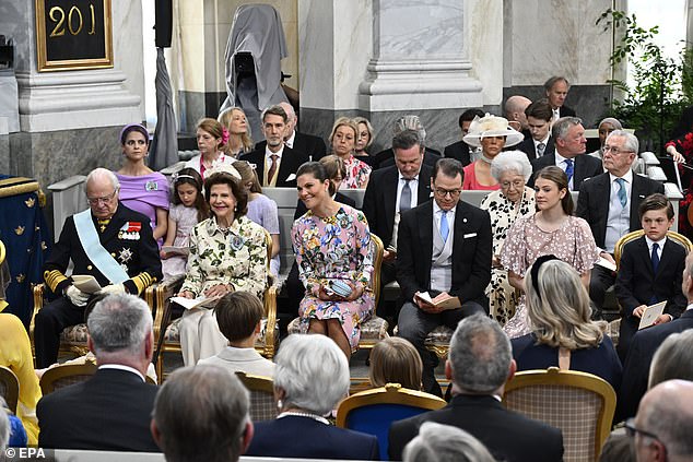 Surrounded by her family (pictured), including Carl Philip's sisters, heir-to-the-throne Crown Princess Victoria and Princess Madeleine , the little one was christened at Drottningholm Palace Chapel, just outside the Swedish capital
