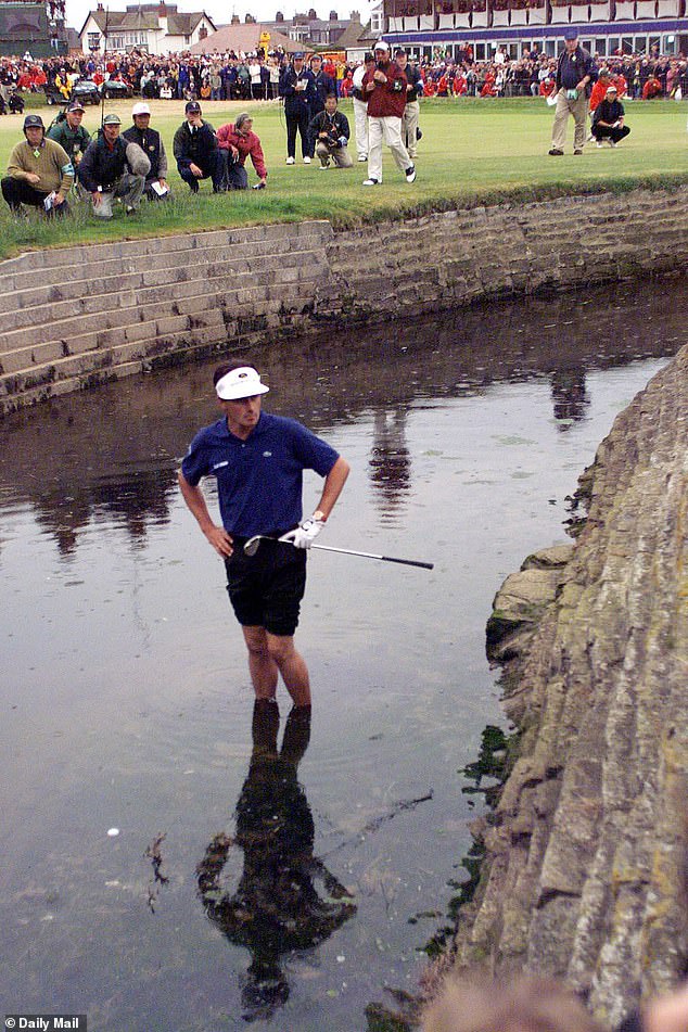 Jean van de Velde plunges into misery at the 1999 Open, when his ball landed in the Barry Burn stream and he triple bogeyed the 18th to throw away his chance of outright victory