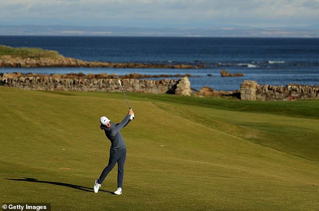 Tommy Fleetwood takes on the 12th hole during the Dunhill Links Championship in 2018, with a North Sea backdrop