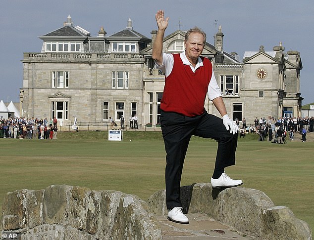 Jack Nicklaus waves from the famous Swilcan Bridge in 2005