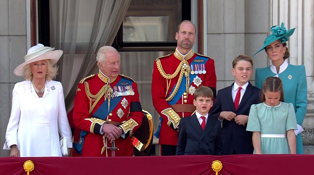 The King and Queen stood alongside William and Kate and their three children, George, 11, Charlotte, 10, and Louis, seven