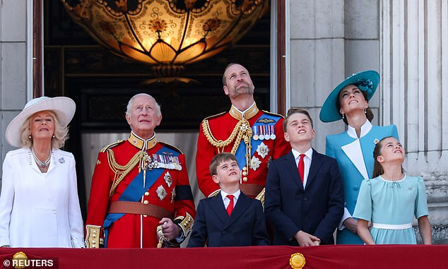 The King and Queen Camilla led the royal appearances as they prepared to watch a flypast involving aircraft including the Red Arrows, Chinook helicopters and a Lancaster bomber, a model that was used during World War II