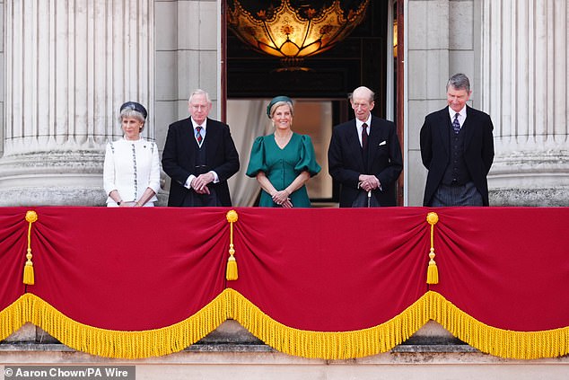 (Left to right) The Duke and Duchess of Gloucester, the Duchess of Edinburgh, the Duke of Kent and Vice Admiral Sir Timothy Laurence on the balcony of Buckingham Palace, London, to view the flypast