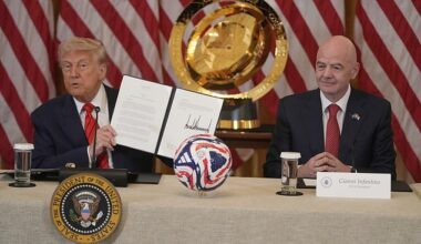 Donald Trump pictured (left) with FIFA president Gianni Infantino (right) last month ahead of this summer's Club World Cup tournament in the USA
