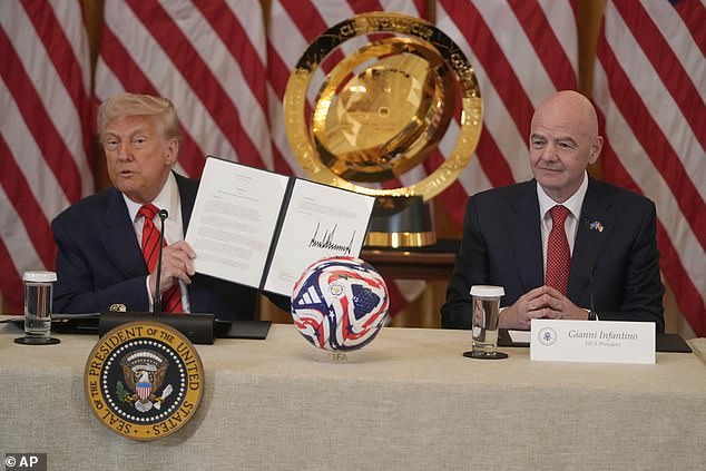 Donald Trump pictured (left) with FIFA president Gianni Infantino (right) last month ahead of this summer's Club World Cup tournament in the USA
