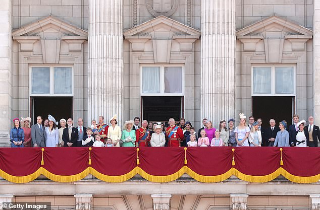 Buckingham Palace's balcony was packed during Trooping the Colour in 2019, with many minor royals as well as the senior members of The Firm (pictured)