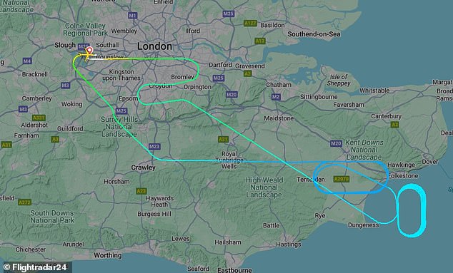 The BA35 flight circled for an hour over the strait of Dover to dump fuel before safely landing back on the runway at 1.50pm, according to data on Flightradar24