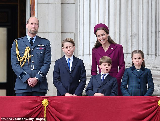 William and Kate have stuck together in sickness and health, welcoming three beautiful children, George, Charlotte and Louis. They are pictured during the military procession to mark the 80th anniversary of VE Day in May
