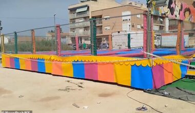 A two-year-old Spanish girl has died and three other children left injured after hitting an electrified fence while bouncing on a local fairground trampoline (pictured) in the village of Alquerías, near the city of Murcia