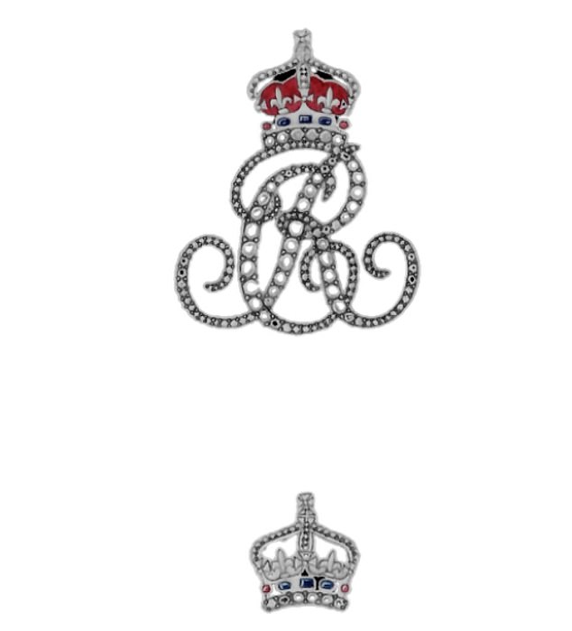 Kiki's design for Queen Camilla's Coronation is created with 18 carat white gold and set with diamonds, designed in the form of the Queen's cypher - with C (Camilla) and R (Regina) intertwined, with a crown above