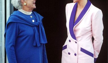 The late Princess of Wales with Barbara Bush at the White House, October 1990 wearing Kiki McDonough pearl and amethyst earrings