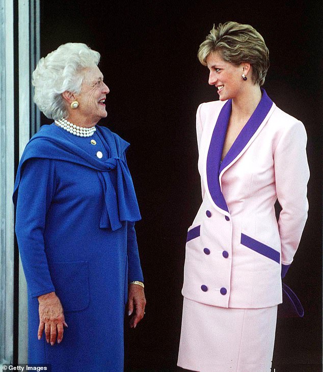The late Princess of Wales with Barbara Bush at the White House, October 1990 wearing Kiki McDonough pearl and amethyst earrings