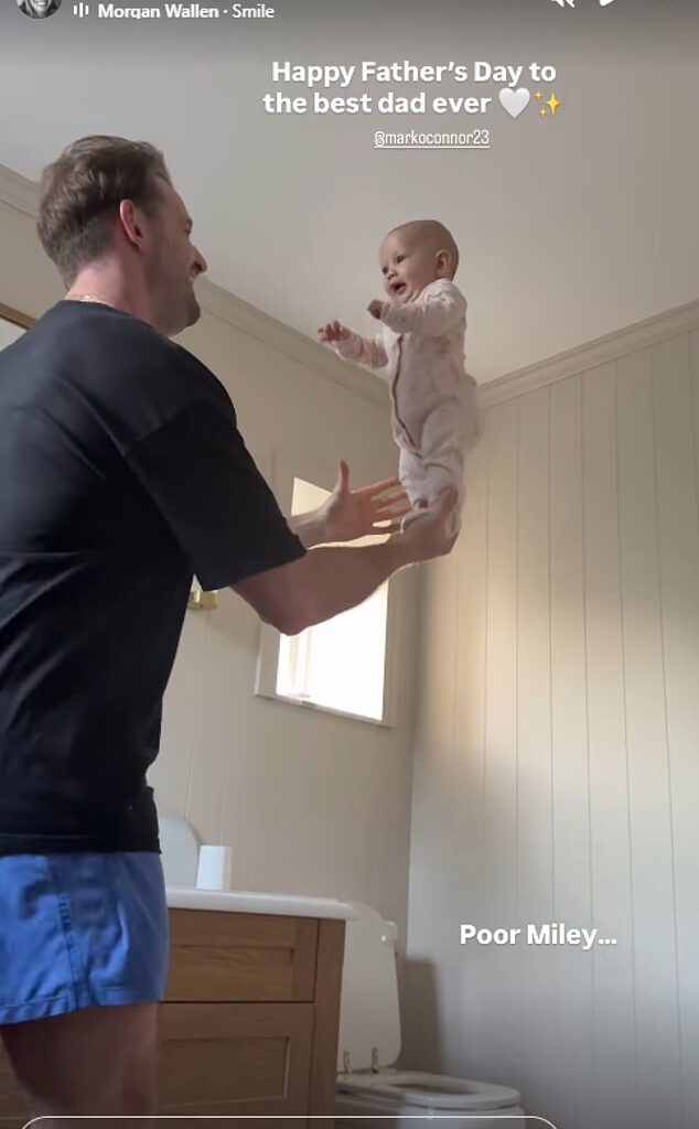 Montana Brown, 29, risked fan backlash as she shared a video on Instagram of her fiancé Mark O'Connor balancing their baby son Miley, five months, on his hands on Sunday