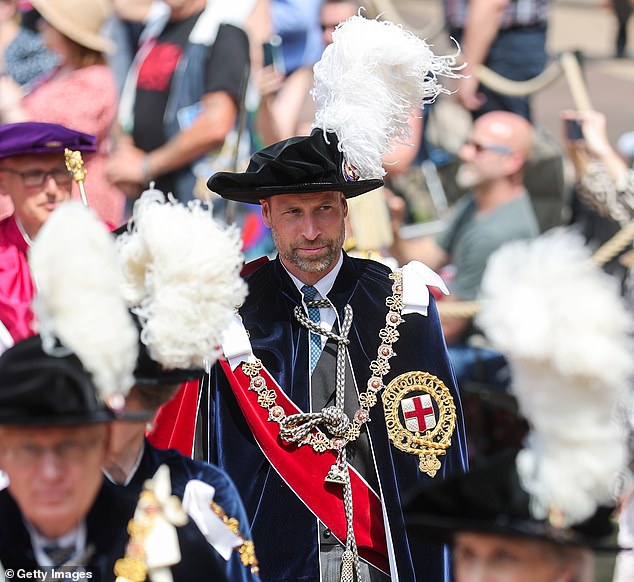 Prince William at the Order of the Garter ceremony, dressed to the nines in his blue velvet cloak - complete with a hat adorned with plumes of ostrich feathers