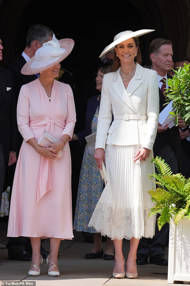 Catherine and Sophie posing together at today's Order of the Garter service - as the Duchess of Edinburgh remains by the future Queen's side amid her 'measured return' to public life after completing a preventative course of chemotherapy last September