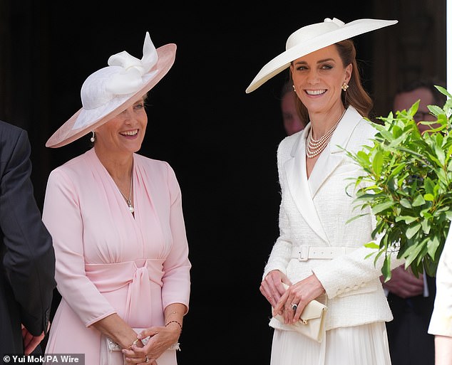 Two of a kind! Catherine and Sophie both wore long midi dresses, cinched at the waist with belts, and elegant hats as they opted for monochrom ensembles for today's royal event