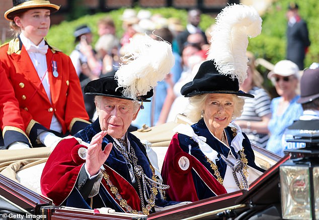 Charles III and Queen Camilla waved at onlookers as they departed the Order of the Garter service at St. George's Chapel, Windsor Castle on June 16