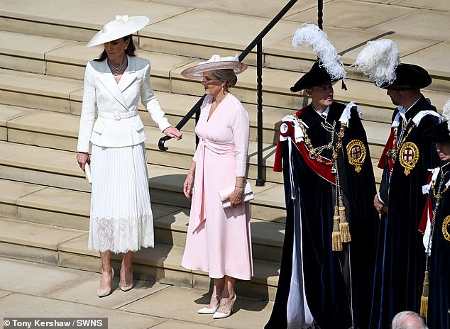 Catherine and Sophie both wore wide-brimmed hats for the ceremony as the sun shone brightly on a sweltering day in London