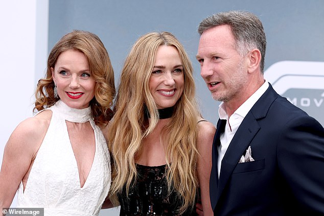Ginger Spice, 52, oozed class in a white halterneck dress, which she paired with white open-toe heels (pictured with actress Kerry Condon)