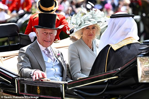 King Charles , 76, and Queen Camilla , 77, both fans of racing, arrived in the famous carriage procession