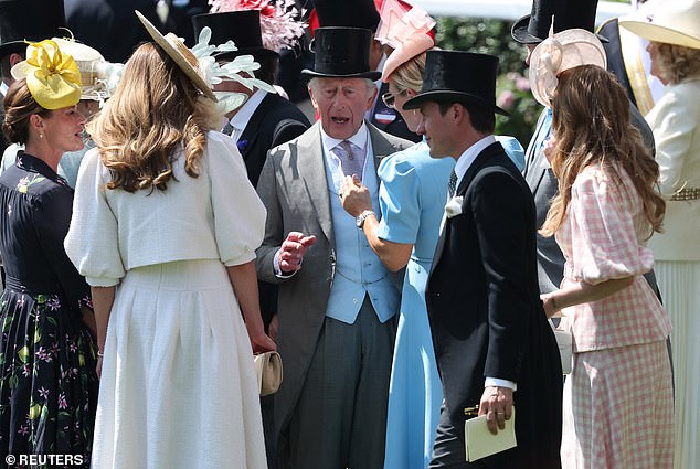 Harriet (pictured second left) already appears on good terms with many of the royals, and was pictured chatting to the King today