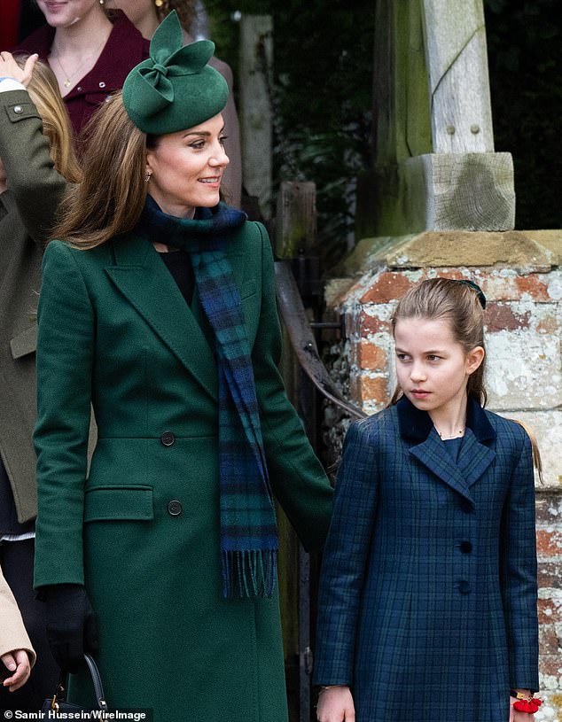 Catherine, Princess of Wales and Princess Charlotte of Wales attend the Christmas Morning Service at Sandringham Church on December 25, 2024