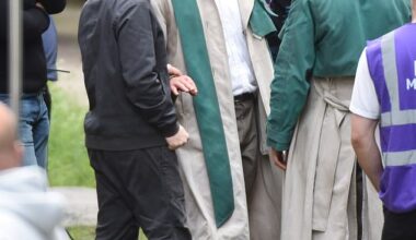 Glen Powell takes direction from J.J. Abrams during filming alongside his stunt double