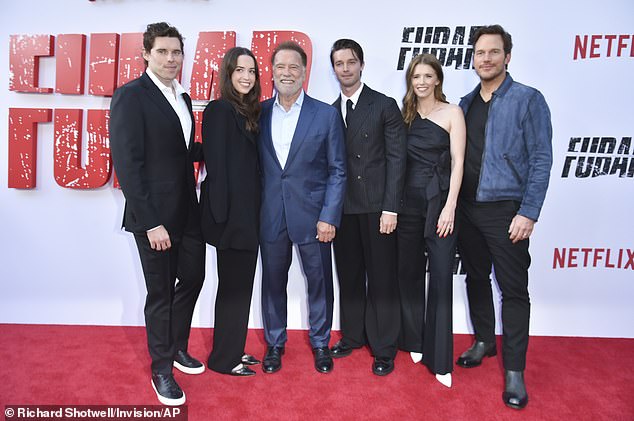 Also joining the Austrian-born action star at his FUBAR event were (from L-R) his slimmed-down son Christopher, 27; elusive daughter Christina, 33; influencer daughter Katherine, 35; (with ex-wife Maria Shriver) as well as her husband Chris Pratt