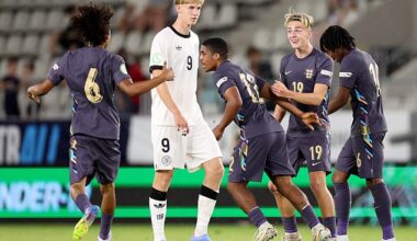 England U19 players celebrate after coming back from 5-1 down to equalise with Germany U19s