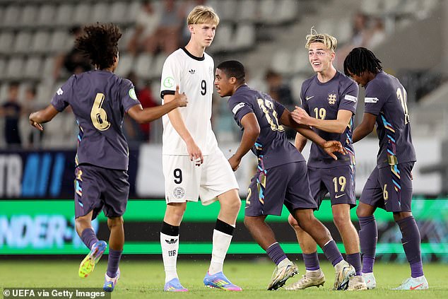 England U19 players celebrate after coming back from 5-1 down to equalise with Germany U19s