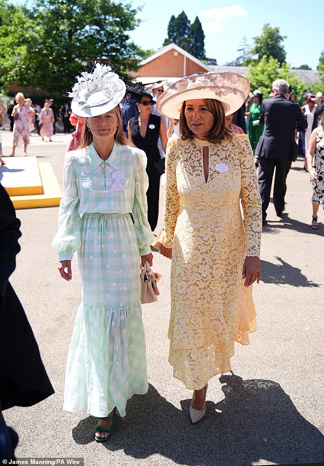 Alizee Thevenet, wife of James Middleton, and Carole Middleton at Royal Ascot this afternoon