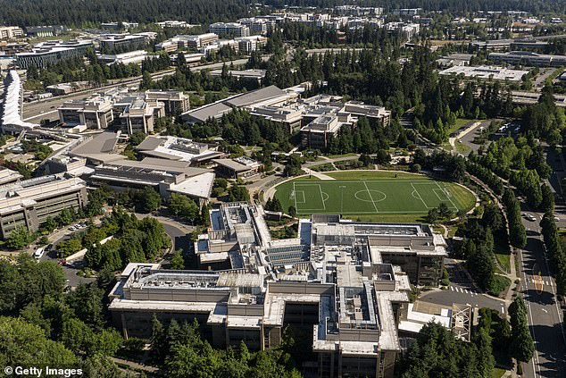 In an aerial view, the Microsoft headquarters in Redmong, Washington