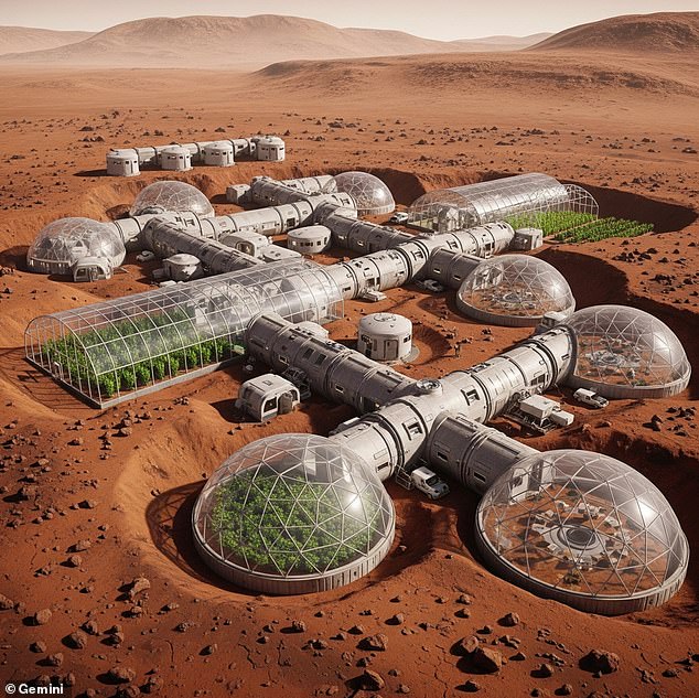 Imagine a future where humans live in huge 'space oases' on Mars - luxury indoor habitats made of heat-reflective material that grow their own food (AI depiction)