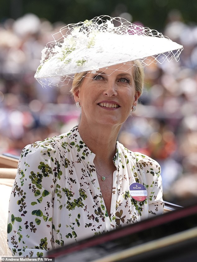 Sophie, Duchess of Edinburgh, was wearing a white floaty gown with elegant green leaf print