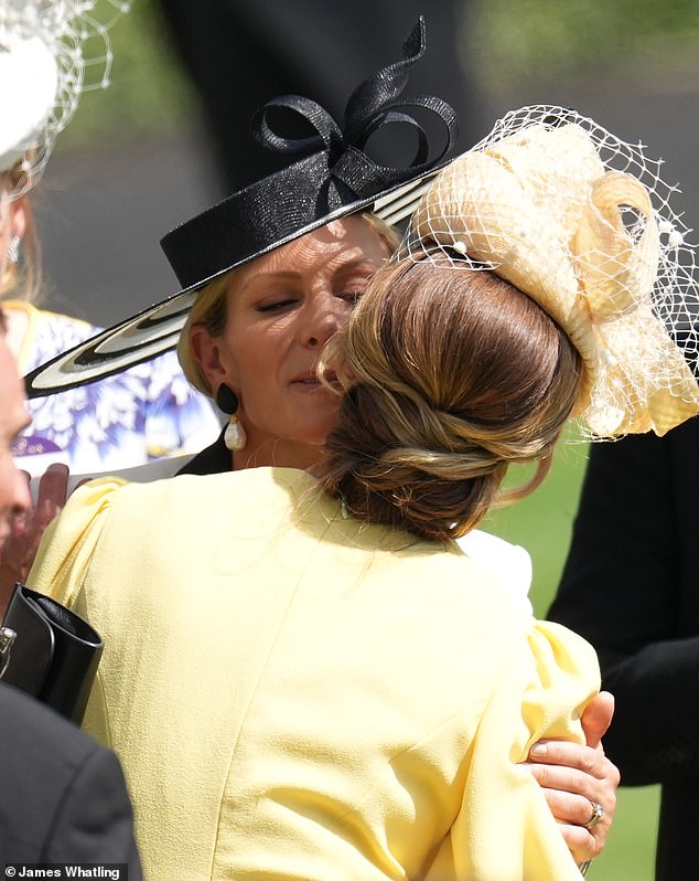 No less than 10 members of the royal family joined the procession today. Pictured: Zara Tindall greets Harriet Sperling