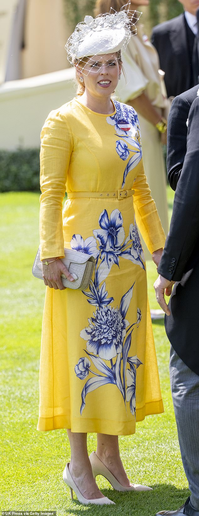 Princess Beatrice looked elegant in yellow and blue today as she attended with husband Edo
