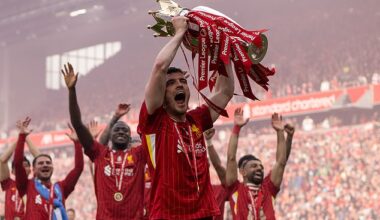 Robertson celebrates winning the Premier League for the second time with Liverpool